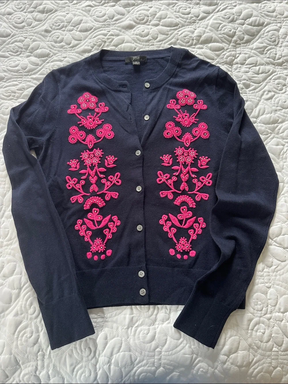 J. Crew Navy Cardigan with Bright Pink Embroidery